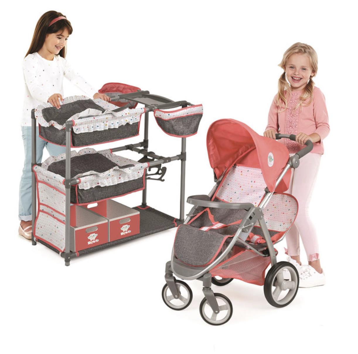 pink stroller & dolls bed twin pack